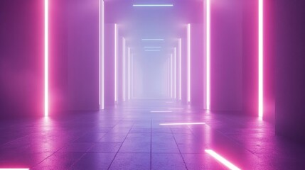 Futuristic corridor illuminated by vibrant pink and blue neon lights