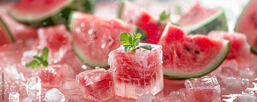 Poster Watermelon cubes and slices with fresh mint leaves are laying on ice, creating a refreshing summer scene