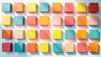 Brightly Colored Cubes Arranged in a Grid Pattern Under Sunlight Illumination