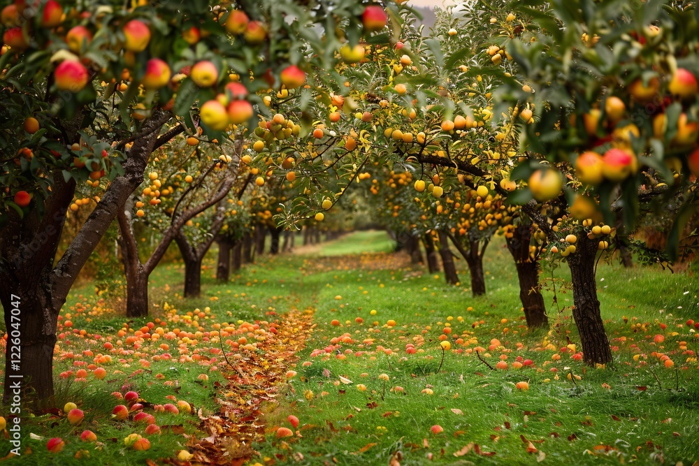 Poster apple orchard with rows of ripe apples on branches