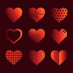 Vector collection of red hearts with different patterns and styles on dark background. Includes geometric, pixel, striped, grid, dot and minimalist designs. Perfect for cards, wedding designs