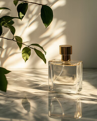 A glass perfume bottle with a gold cap sits on a marble surface, bathed in sunlight and dappled shadows from nearby leaves.