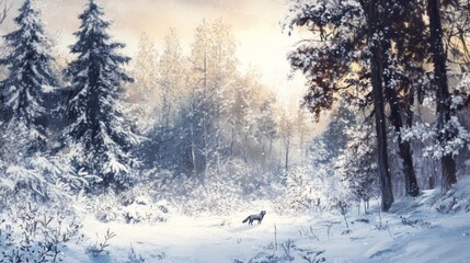 Fototapeta premium A Lone Wolf in a Snowy Forest Landscape during a serene winter day