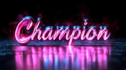 Neon pink and blue champion text graphic on a dark reflective surface.