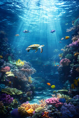 Fototapeta premium Serene Submarine Sanctuary: A Vibrant Coral Reef Brimming with Aquatic Life under Sunlit Waters