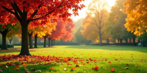 Autumnal Park Landscape Golden Sunlight Illuminates Vibrant Red and Yellow Foliage on a Lush Green Lawn