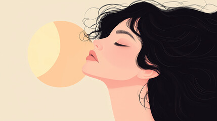 Elegant woman with flowing black hair and full moon, artistic digital illustration symbolizing femininity, empowerment, beauty, self-reflection, and mysticism for Women’s Day and spiritual inspiration