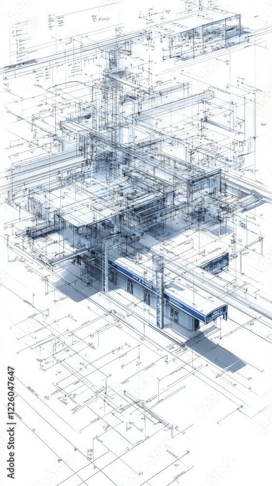 Poster architectural blueprint visualization: a 3d model of a modern building's complex structure and infra