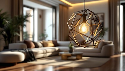 Ultra-realistic 8K shot of a modern geometric pendant lamp hanging in an elegant living room. The lamp has a sleek, metallic frame with angular lines, and its interior features a soft LED li