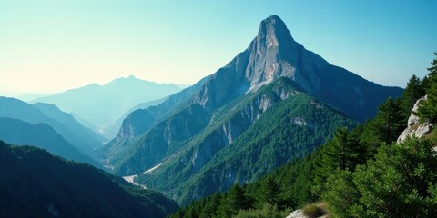 Obraz premium Majestic Mountain Peak and Verdant Valley Panorama, a Breathtaking View of Nature's Majesty