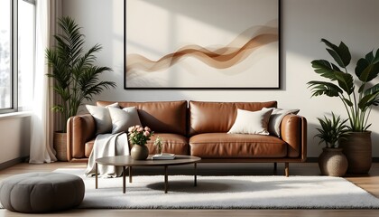Ultra-realistic 8K shot of a luxurious modern leather sofa in a contemporary living room. The sofa has a sleek, minimalist design with clean lines and rich brown leather upholstery. Soft, di