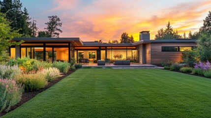 A modern house with a bright, contemporary design and a lush garden, set against a colorful, serene sunset sky.