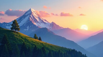 Serene Sunset Over Majestic Snow-Capped Mountain Peaks and Rolling Hills