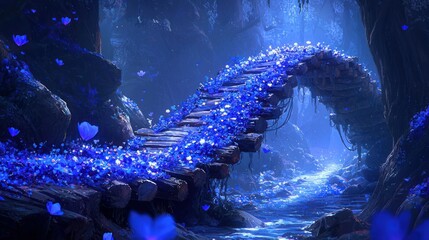 Enchanted Blue Forest Bridge: A Dreamlike Digital Painting