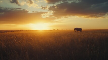 Naklejka premium An elephant stands in a golden field at sunset with dramatic skies and the horizon in the background