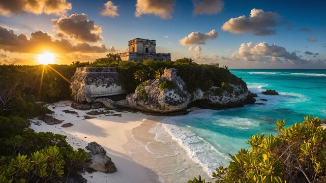 Experience breathtaking views of Tulum Mexico at sunset with ancient ruins overlooking the turquoise waters and sandy beaches