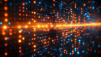 Fototapeta premium Abstract Digital Grid: Orange and Blue Light Particles in Motion