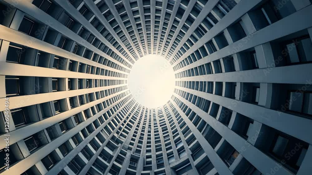 Poster unique architectural design featuring circular concrete structure with bright light at the center in
