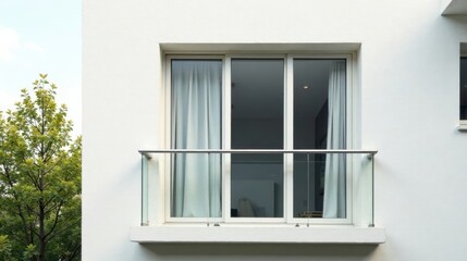 Modern minimalist balcony with sliding glass doors and sheer curtains overlooking green foliage