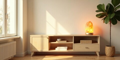 Sunlit Interior Design with Light Wood Media Console and Illuminated Salt Lamp
