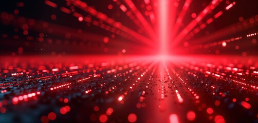 Abstract digital red matrix background shows futuristic tech patterns. Red lines, dots form intricate network. Image creates sense of speed, innovation. Abstract design, glowing red tones suggest