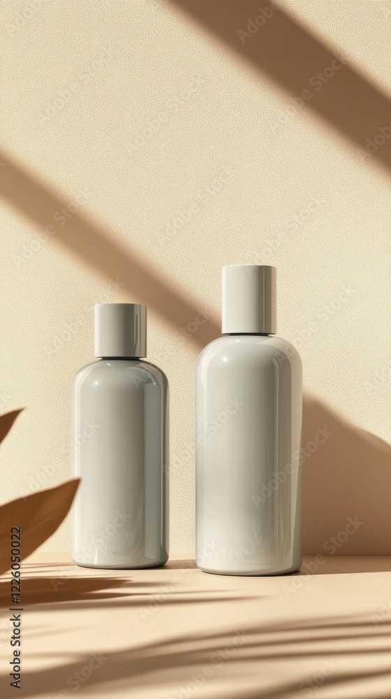 Poster elegant gray bottles on a minimalist background with soft shadows