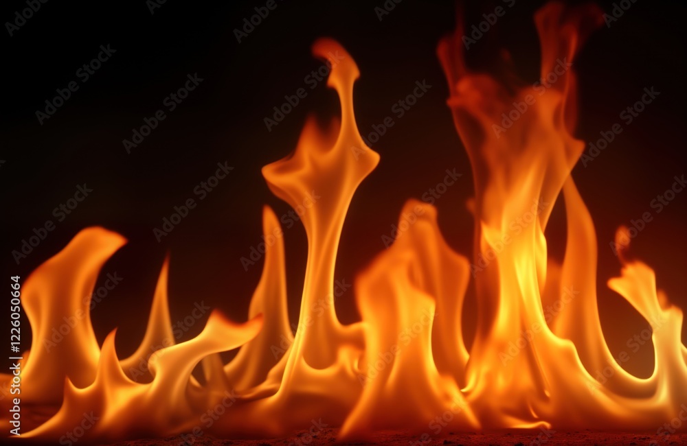 Poster fire flames glow brightly on dark background. orange, yellow flames show dynamic pattern. burning fi