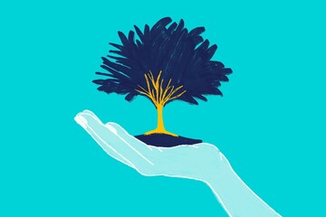 Illustrated hand holding tree, symbolizing growth and care