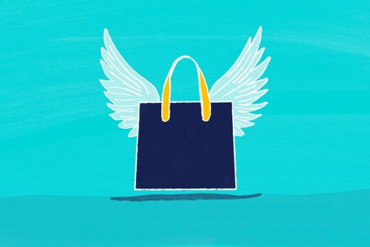 Illustration of Shopping Bag with Wings Symbolizing Fast Delivery