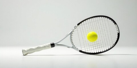 A single tennis racket rests on a pristine surface, a vibrant yellow tennis ball nestled within its strings, ready for an exhilarating game.