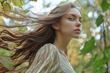 Naklejka premium Young woman with flowing hair surrounded by lush greenery in nature