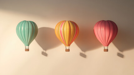 Obraz premium A photographic art of three hot air balloons in contrasting bright colors, illuminated vividly, hovering gracefully against a muted ivory background