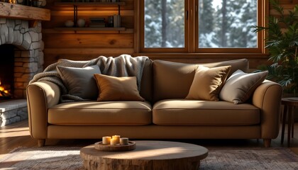 Fototapeta premium Hyper-realistic 8K image of a rustic fabric sofa in a cozy cabin living room. The sofa is upholstered in a textured, earth-toned fabric with deep cushions, giving it a welcoming, lived-in fe