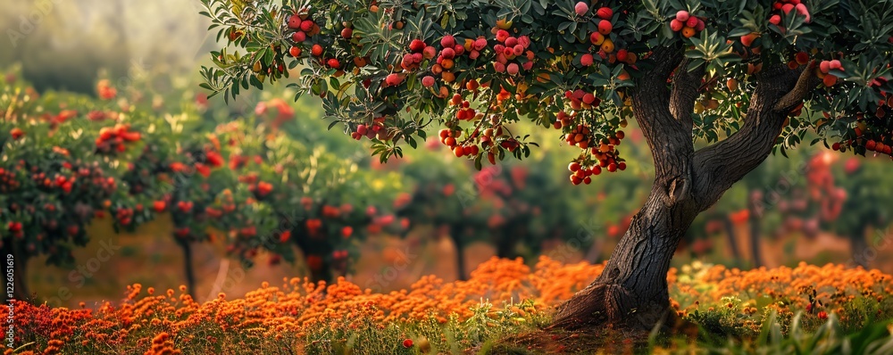 Poster sunset at the orchard: ripe apples on apple tree branch with orange flowers in the foreground