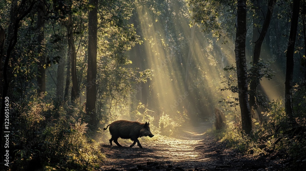 Poster sunlight filters through a forest canopy, illuminating a wild boar walking down a path