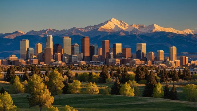 Stunning sunset view over Denver skyline with snow-capped mountains in the background during golden hour