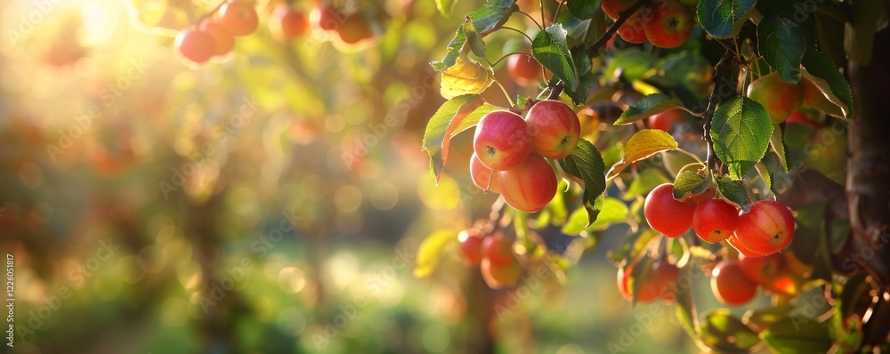Poster sun shining on ripe red apples growing on tree branch in orchard