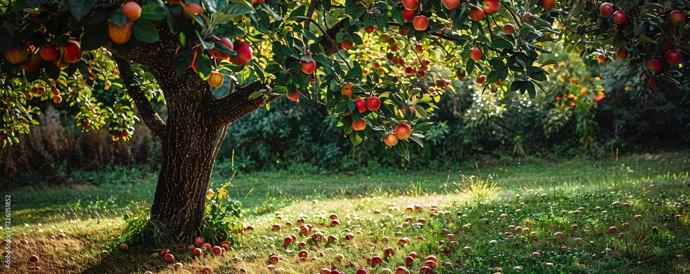 Poster ripe red apples growing on branches of an apple tree in an orchard garden with a lush green lawn