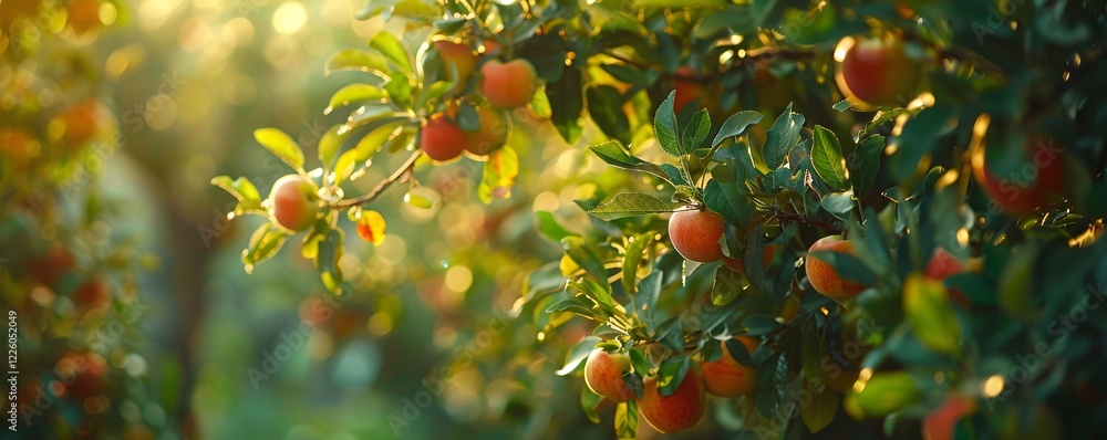 Poster lush apple tree branches laden with ripe red apples bathed in the golden light of the setting sun
