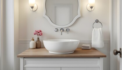 8K ultra-realistic shot of a classic white ceramic washbasin in an elegant powder room. The basin sits on a polished wooden vanity, and the faucet is a traditional chrome fixture. The space 