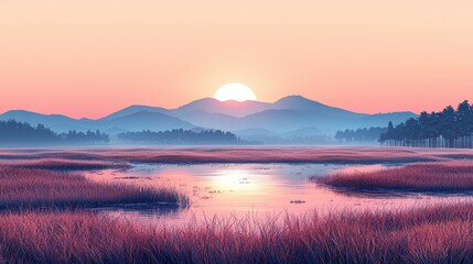 Fototapeta premium Serene Sunset over Misty Mountain Lake