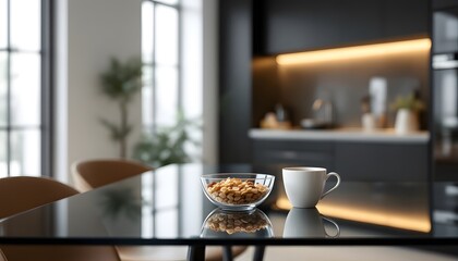 8K ultra-realistic photo of a minimalist modern kitchen with a glass dining table. The scene shows a breakfast setting with a glass bowl filled with cereal, a delicate white coffee cup, and 