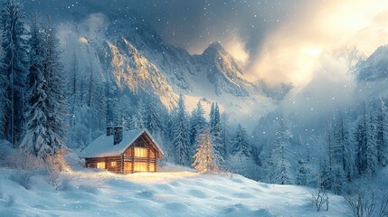Cozy Cabin In Snowy Mountain Landscape
