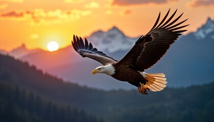 Fototapeta premium Majestic bald eagle soars above mountains at sunset. Wings wide searching for prey. Powerful bird in scenic landscape. Aerial view of wildlife. Freedom, nature. Wild bird in flight. Beautiful