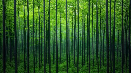 Lush Green Forest with Tall Trees Under a Misty Atmosphere