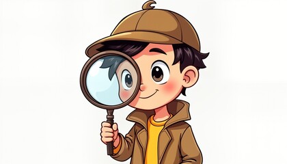 Cute cartoon boy detective looks through magnifying glass. Child dressed in brown coat, hat. Boy investigates something. Illustration style isolated on white background. Kid searching clues. Kid
