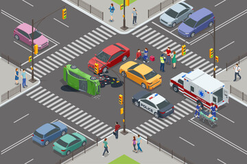 Car crash. Isometric vector illustration of a car accident at an intersection, with police and ambulance present. Injured individuals receiving assistance from paramedics © Golden Sikorka