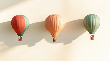 A photographic art of three hot air balloons in contrasting bright colors, illuminated vividly, hovering gracefully against a muted ivory background