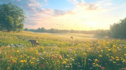 Obraz premium A serene meadow at sunset with deer grazing among blooming wildflowers and birds flying overhead