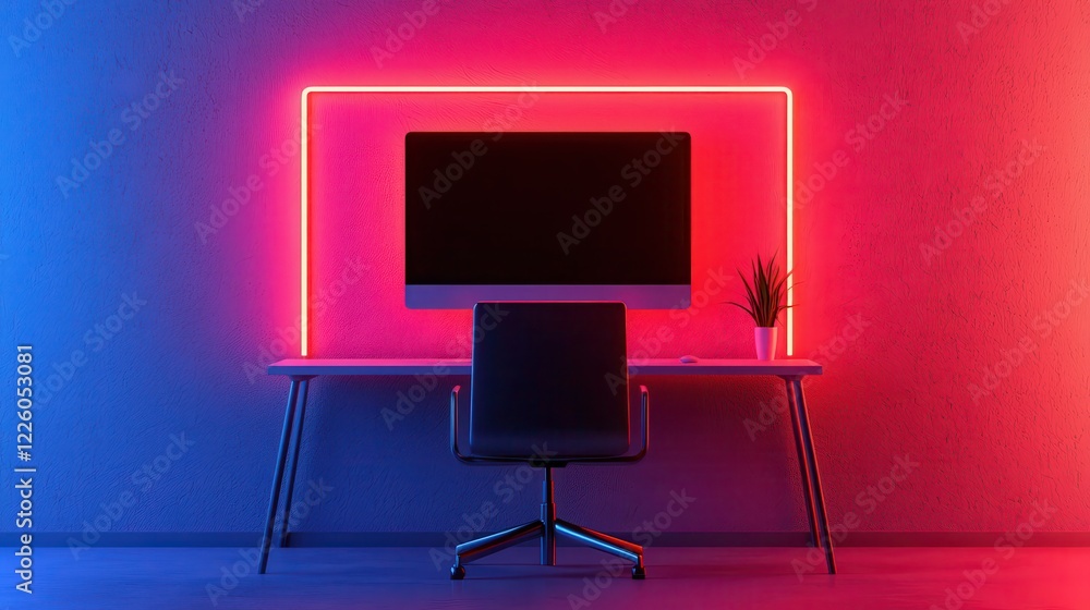 Poster modern minimalist workspace with neon lighting and computer setup
